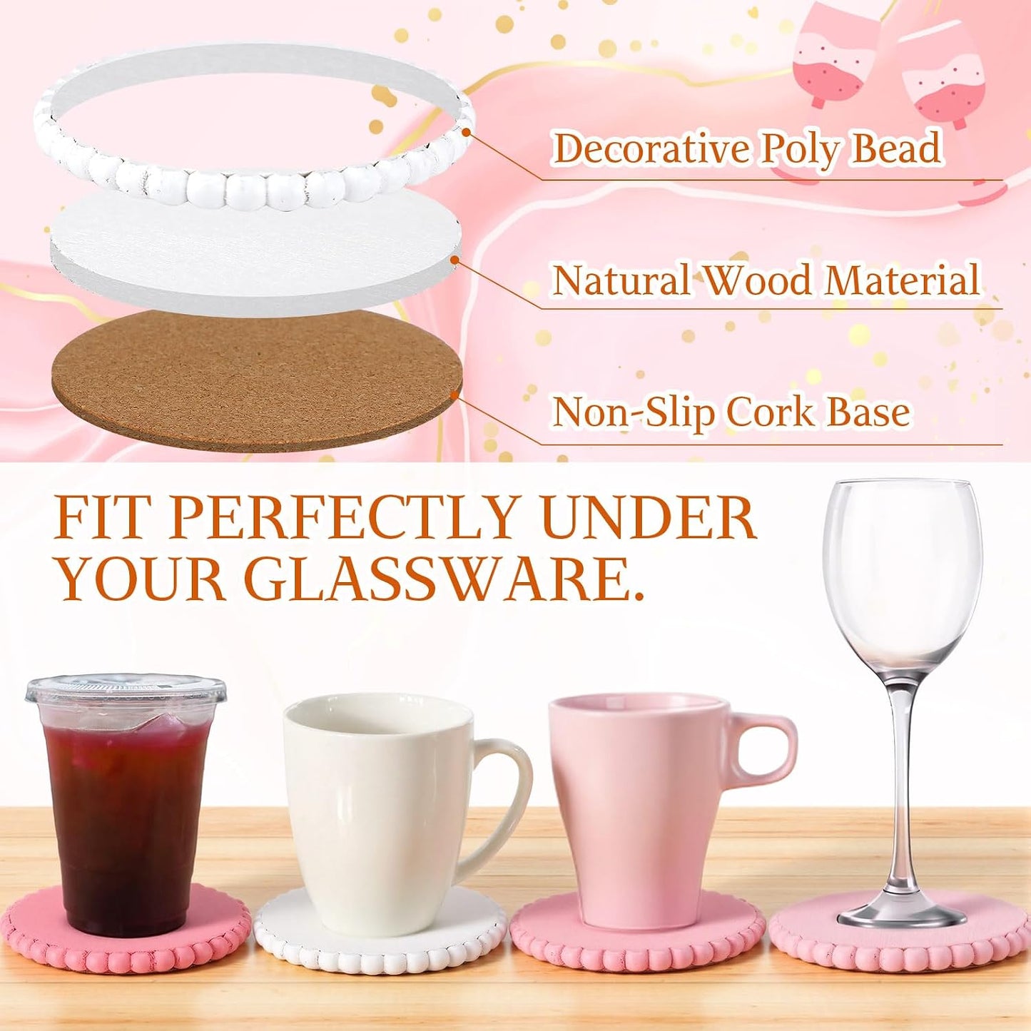 Chengu 8 Pcs Pink Wooden Bead Coasters with Metal Holder Cute Pink Coquette Coasters Desk Decorations Absorbent Rustic Farmhouse Decorative Wooden Cup Mat for Bar Kitchen Housewarming Gifts