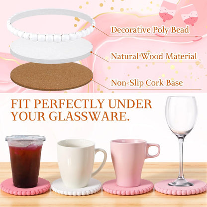 Chengu 8 Pcs Pink Wooden Bead Coasters with Metal Holder Cute Pink Coquette Coasters Desk Decorations Absorbent Rustic Farmhouse Decorative Wooden Cup Mat for Bar Kitchen Housewarming Gifts
