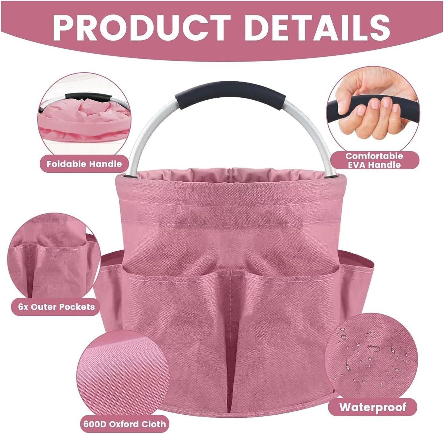 17L Foldable Cleaning Caddy with Handled - Heavy Duty Oxford Fabric Storage Bucket, Portable Organizer for Home, Garden, Beach & Picnic(Pink)