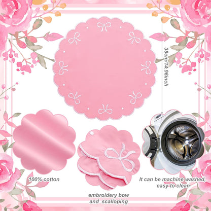 4 Pcs Pink Bow Placemats Coquette Embroidered Place Mats Pink Cotton Decorative Table Mats for Home Wedding Baby Shower Birthday Party Decor(Round Embroidered)