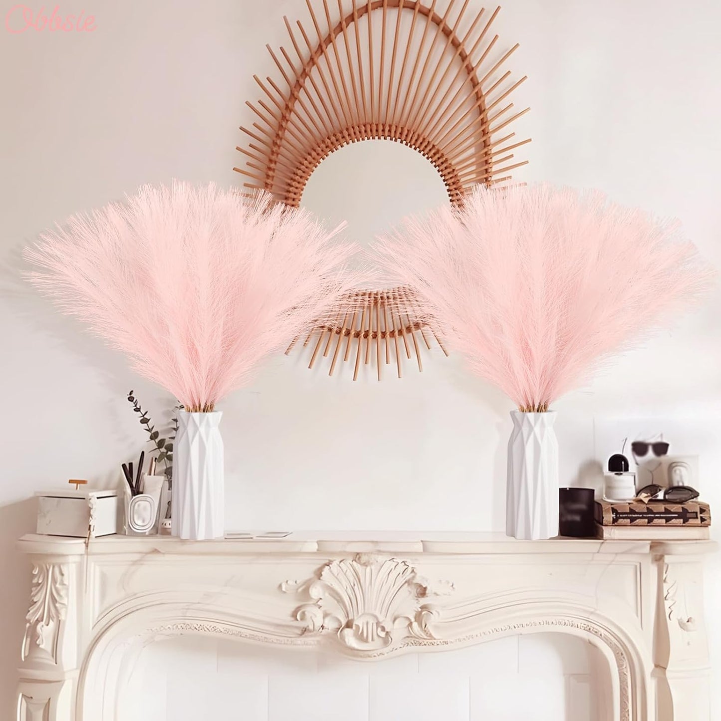 obbsie 150pcs Pink Faux Pampas Grass Decor, 21.6" Short Artificial Pompous Grass Floral Pink Flowers Branches Vase Filler Flower Arrangement for Home Wedding Boho Outdoor Decor