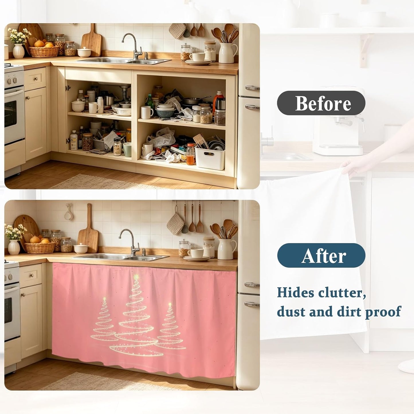 Chritsmas Tree Lights Cabinet Curtains 28"x51" Sink Skirt for Bathroom Kitchen, Pink Xmas New Year Holiday Self Stick Adhesive Under Desk Covers Tall Laundry Cabinet Storage Organizer