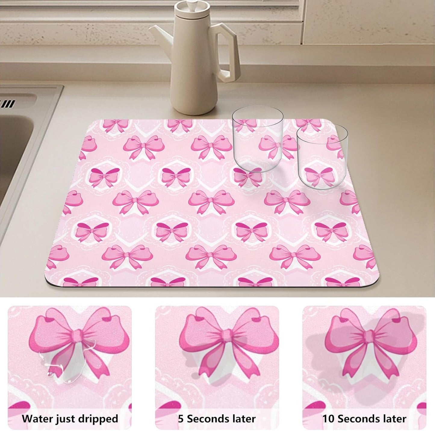 Light Pink Bows Dish Drying Mat, Super Absorbent Kitchen Counter Mat, Heat Resistant Drainer Mat with Non-slip Rubber Backed, 23.6"x19.7"