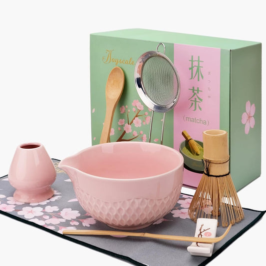 Joyscale Matcha Whisk Set, Matcha Set Whisk And Bowl, 8 Pcs Matcha Kit Set(Texture Design), 16 OZ, Japanese Matcha Tea Set, Matcha Making Kit Gifts for Tea Lovers(Pink)