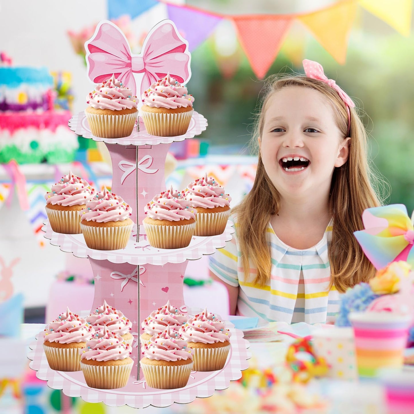 Keluna Pink Bow Party Decorations - Reusable Conquette Birthday Decorations Party Supplies Pink Bow 3 Tier Cupcake Stand Conquette Party Decor for Birthday Decor Baby Shower Gender Reveal