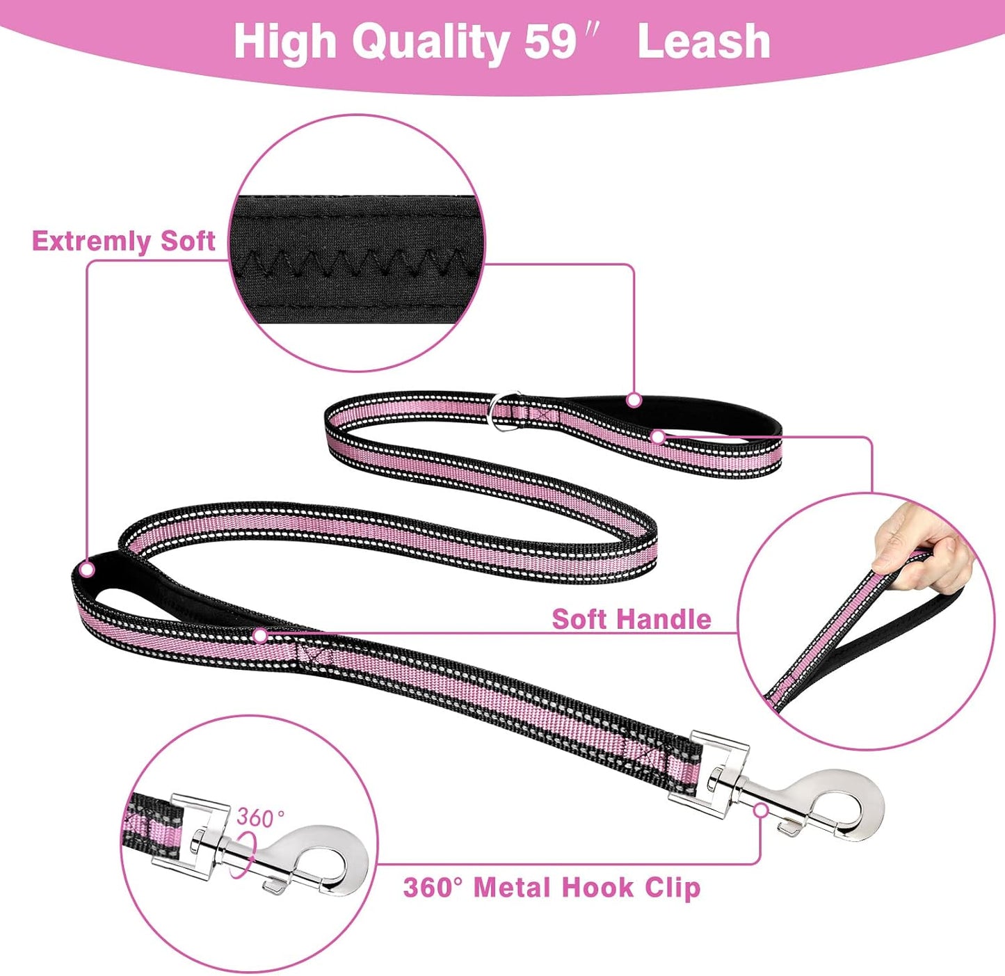 WINSEE Pet Harness Collar and Leash Set, All-in-one Reflective Dog Harness No Pull with Adjustable Buckles for Puppies, Small, Medium, Large, and Extra-Large Dogs (Large, Pink)