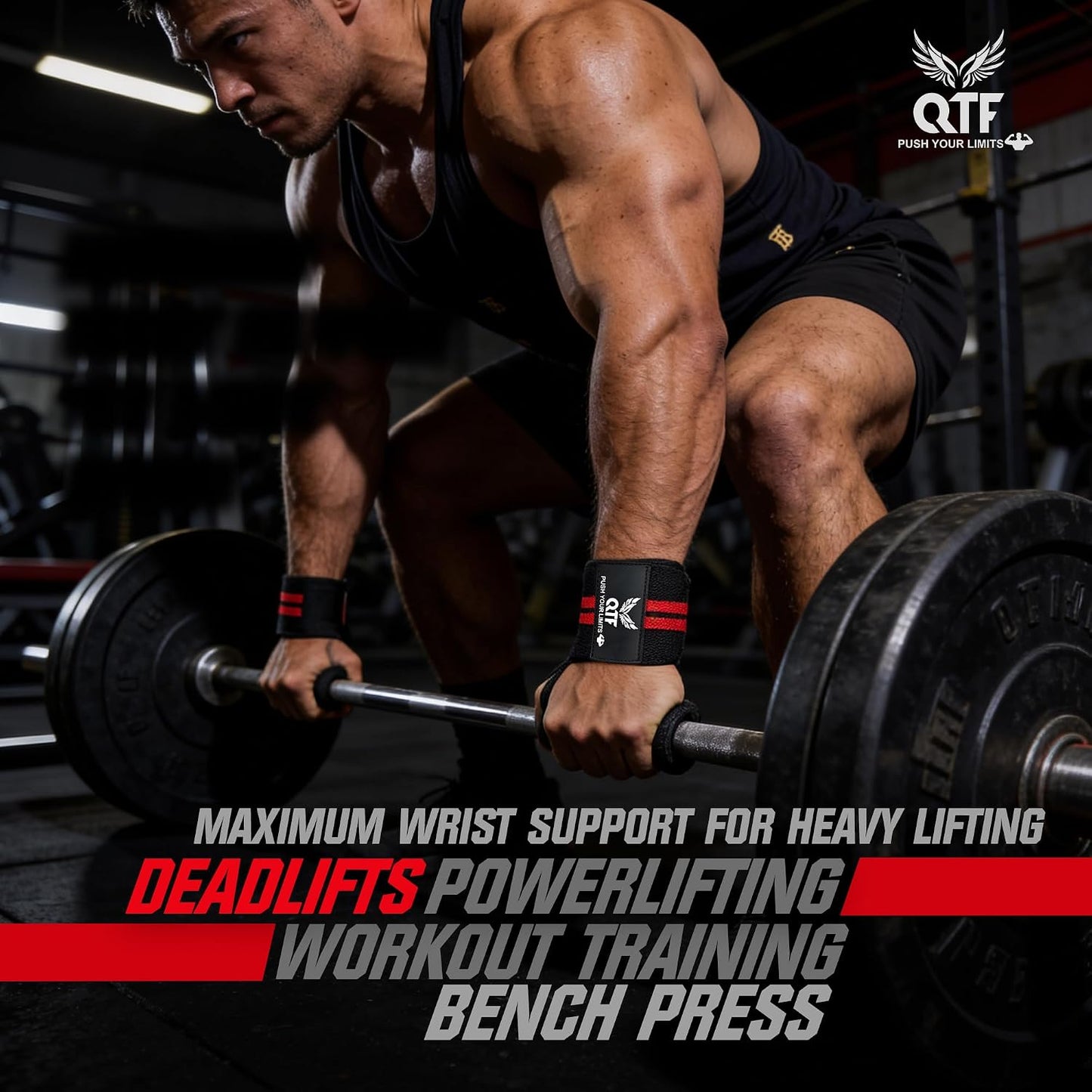 QTF Wrist Wraps for Weightlifting,Powerlifting,12"Heavy-Duty Wrist Support with Thumb Loop. Perfect for Strength Training, Bodybuilding, Dumbbell Lifting, and Wrist support. Includes a free Shark Pad