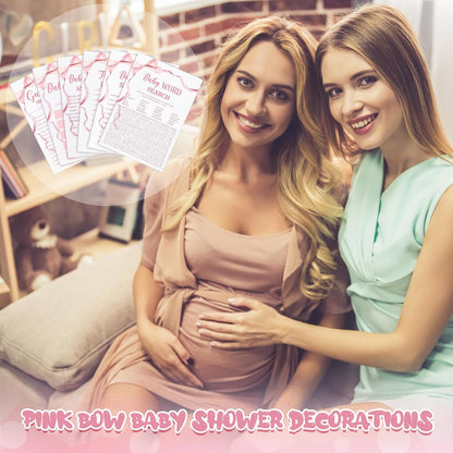 Ctosree 302 Pcs Pink Bow Baby Shower Games 6 Games, 50 Sheets Each, Easy to Play, Watercolor Ribbon Signs Minimalist Funny Girl Boy Predictions and Advice Bingo Word Scramble(Pink)
