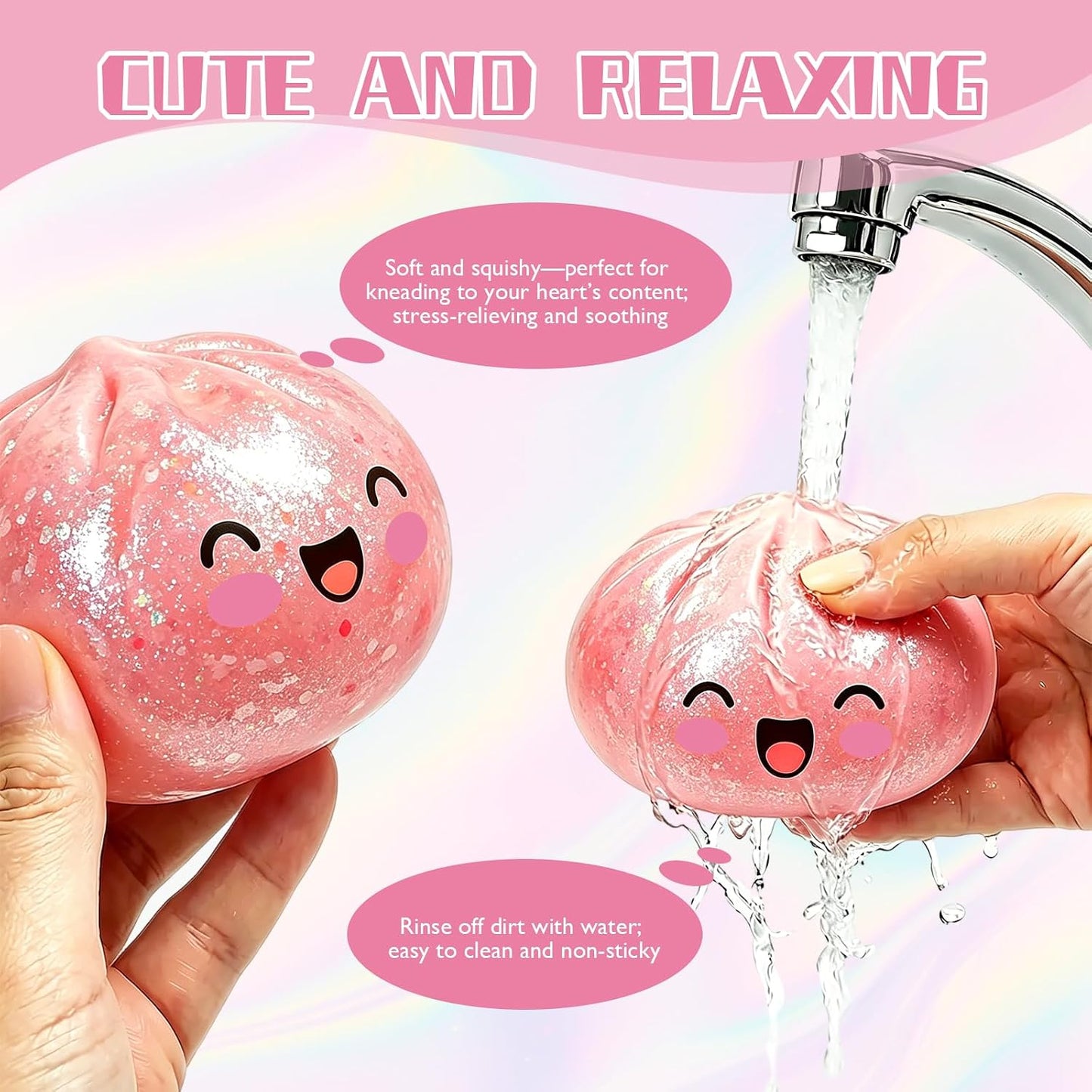 Glitter Dumpling Squishy Box Real Squishy Dumplings Squishies Fidget Toys Adults & Teens Large Adults Anxiety Relief Squeeze Toy for Boys Girls Easter Basket Stuffers (Pink)