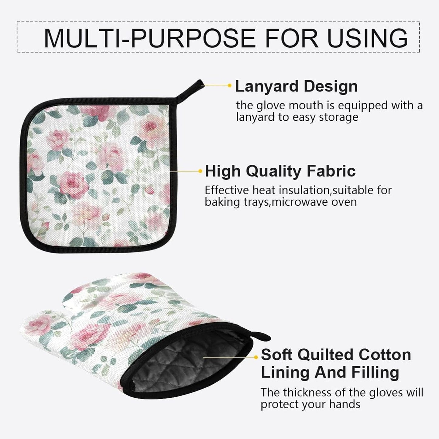 Light Pink Rose Flowers Oven Mitts and Pot Holders Set for Cooking Baking Kitchen Decor