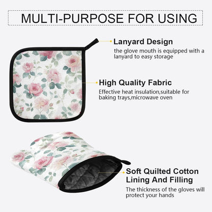Light Pink Rose Flowers Oven Mitts and Pot Holders Set for Cooking Baking Kitchen Decor