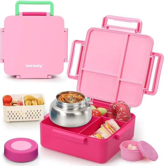 Kids Bento Box for Thermos, [Large Capacity] Insulated Lunch Box Kids with 4 Compartment for Ages 3+, Drop-Proof & Dishwasher Safe Lunchbox Container Pink