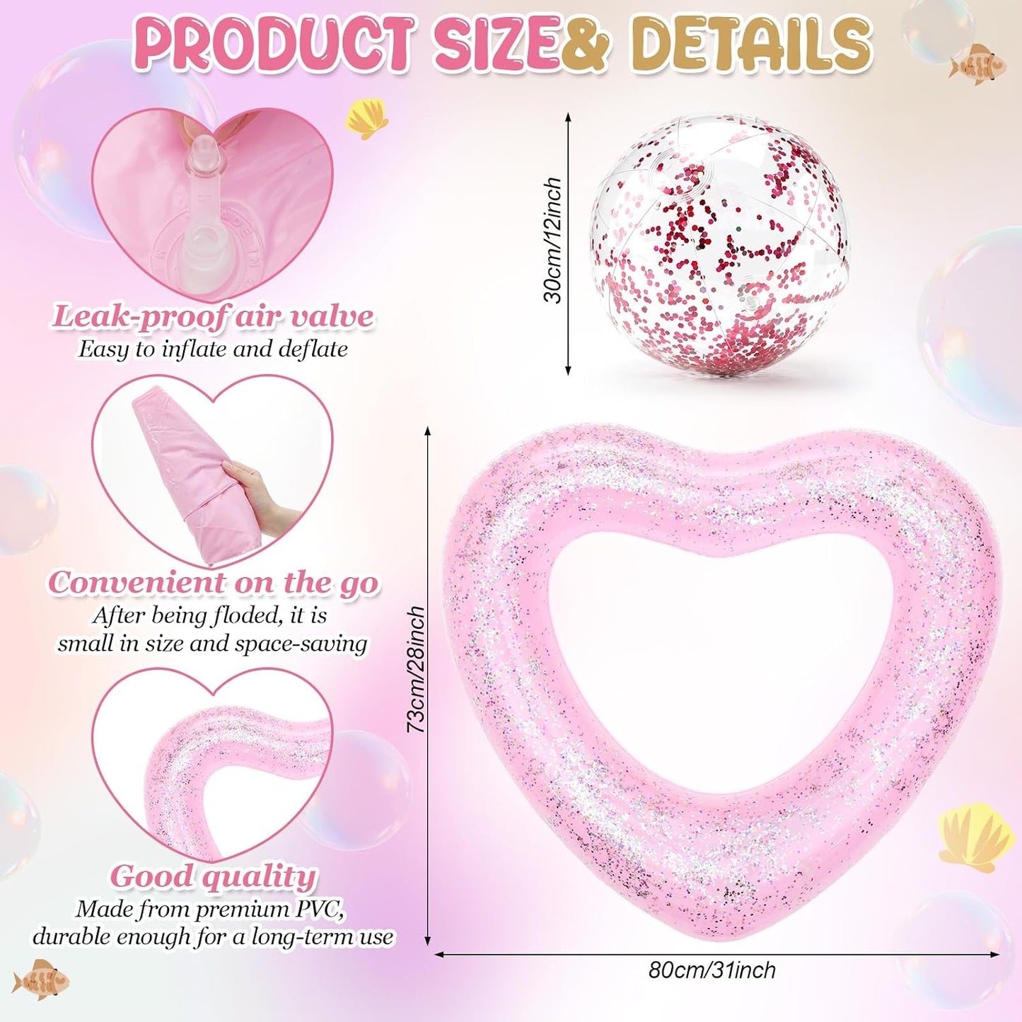 Lenwen 5 Pcs Inflatable Heart Pool Float for Adults with Glitter Beach Ball Bachelorette Party Heart Shaped Swim Rings Tube for Summer Swimming Pool Party Decoraion, 31 x 28 Inch