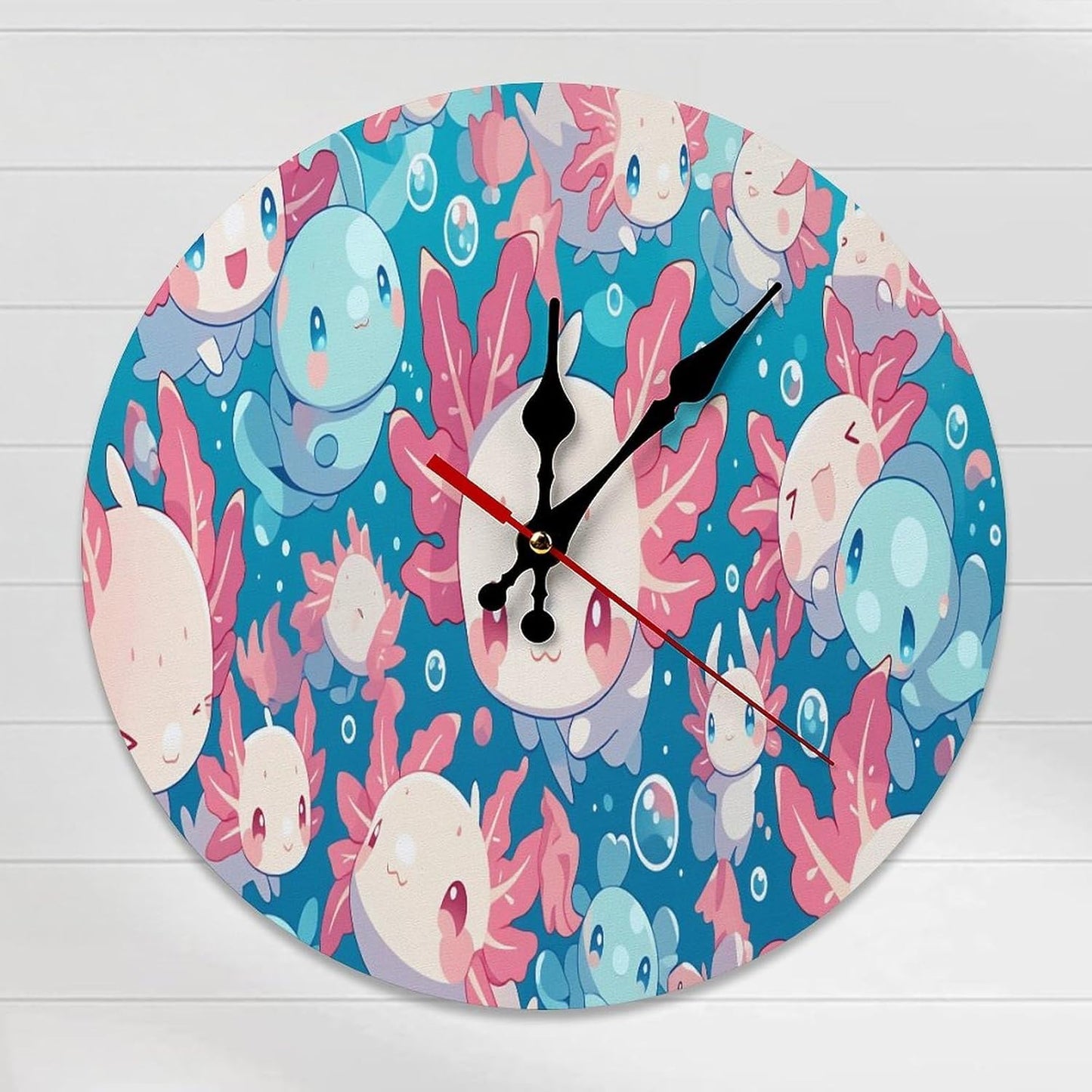 Cute Kawaii Sea Creatures Wall Clock with Pink Coral and Blue Fish Design Battery Operated Round Wooden Clocks Silent Non Ticking for Kids Room Or Nursery Decor 10 Inch