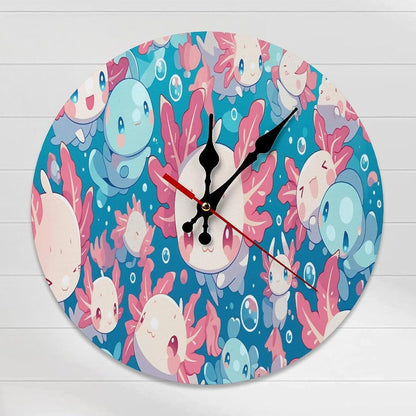 Cute Kawaii Sea Creatures Wall Clock with Pink Coral and Blue Fish Design Battery Operated Round Wooden Clocks Silent Non Ticking for Kids Room Or Nursery Decor 10 Inch