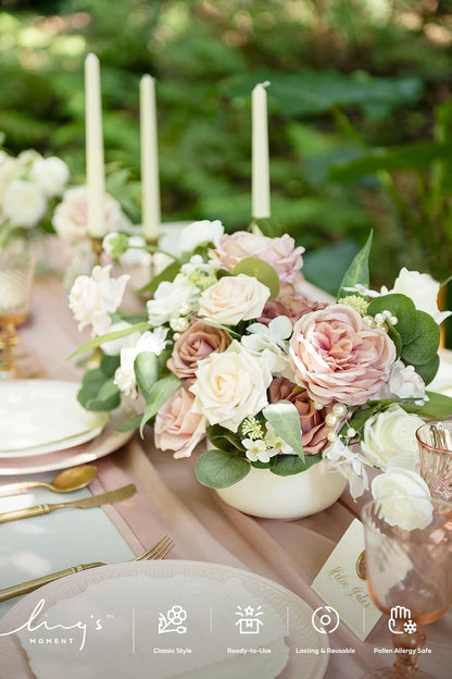 Ling's moment Fake Flowers Box, Faux Artificial Greenery Stems Foam Roses Gardenia Silk Ranunculus Peony Fabic Flower for Centerpieces Bouquet Wedding Vase, Dusty Rose & Pale Peach, Grand Combo