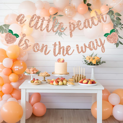 A Little Peach is on the Way Banner Baby Shower/Gender Revel Party Decorations Newborn Baby First Birthday Party Banner Fruit Theme Birthday Banner Rose Gold Glitter