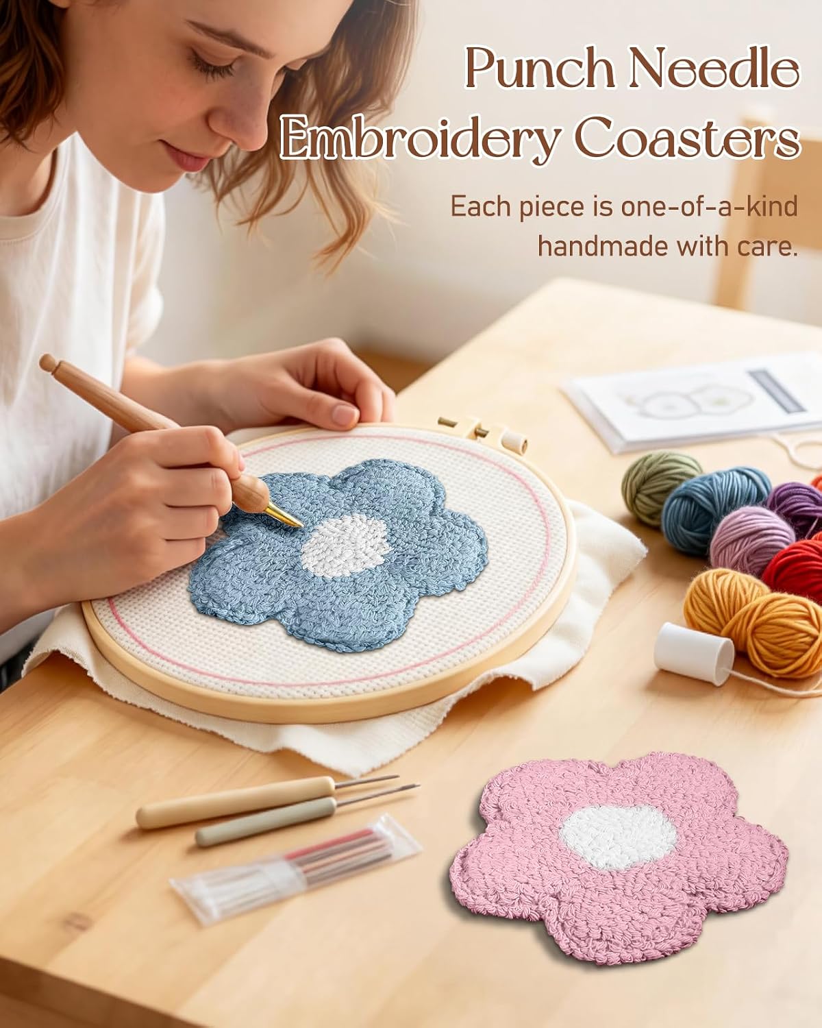 Flower Coasters Set of 2 - Tufted Absorbent Coasters for Drinks, Cute Flower Gift for Desk, Table, Office, Housewarming, Birthday, 2PC Decorative Cup Mats