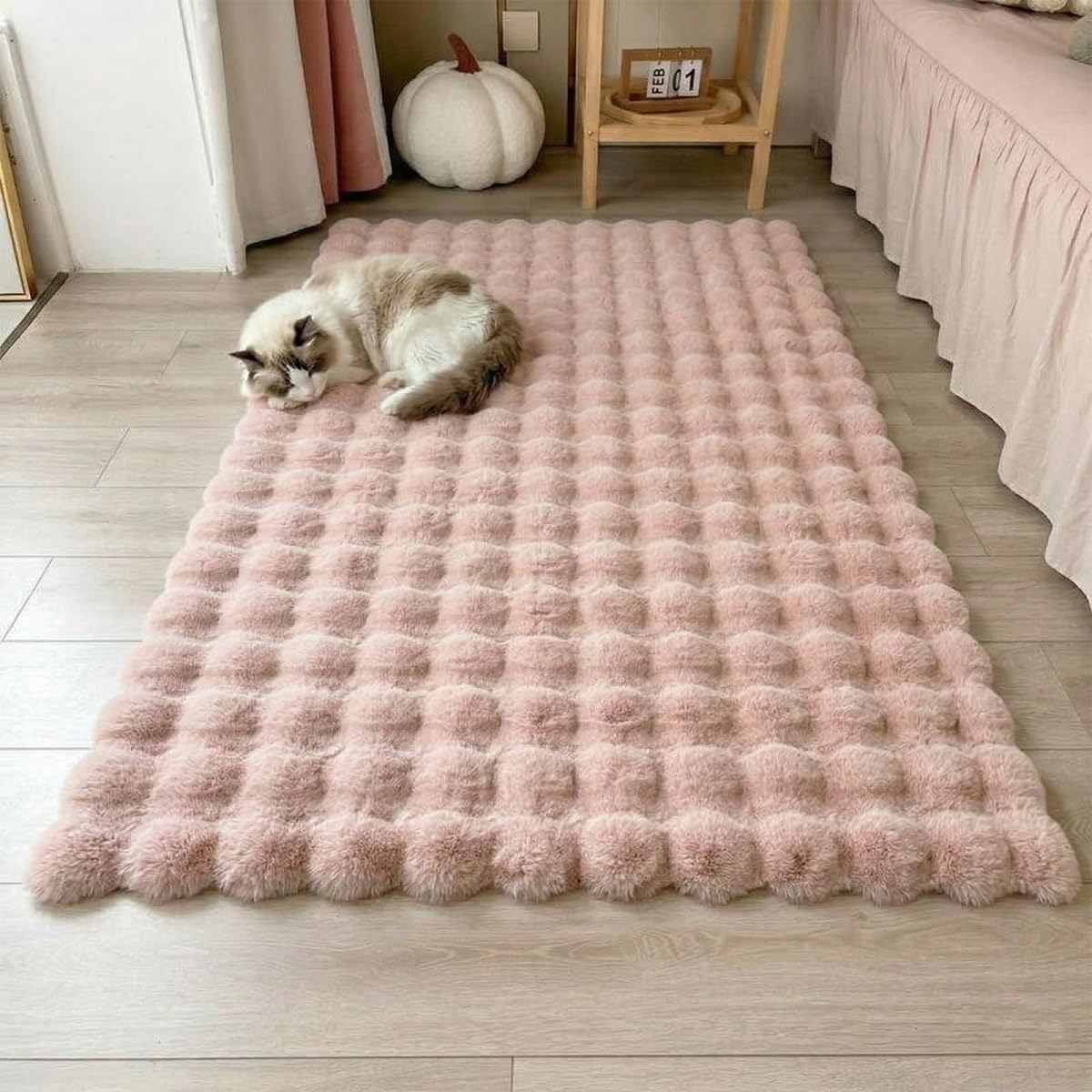 Faux Rabbit Fur Rug, 3D Bubble Fluffy Soft Runner, Rectangle Fuzzy Carpet for Living Room, Bedroom, Machine Washable Shaggy Rug,Soft rRug for Window Sill (Dusty Pink 39.3"×78.7")