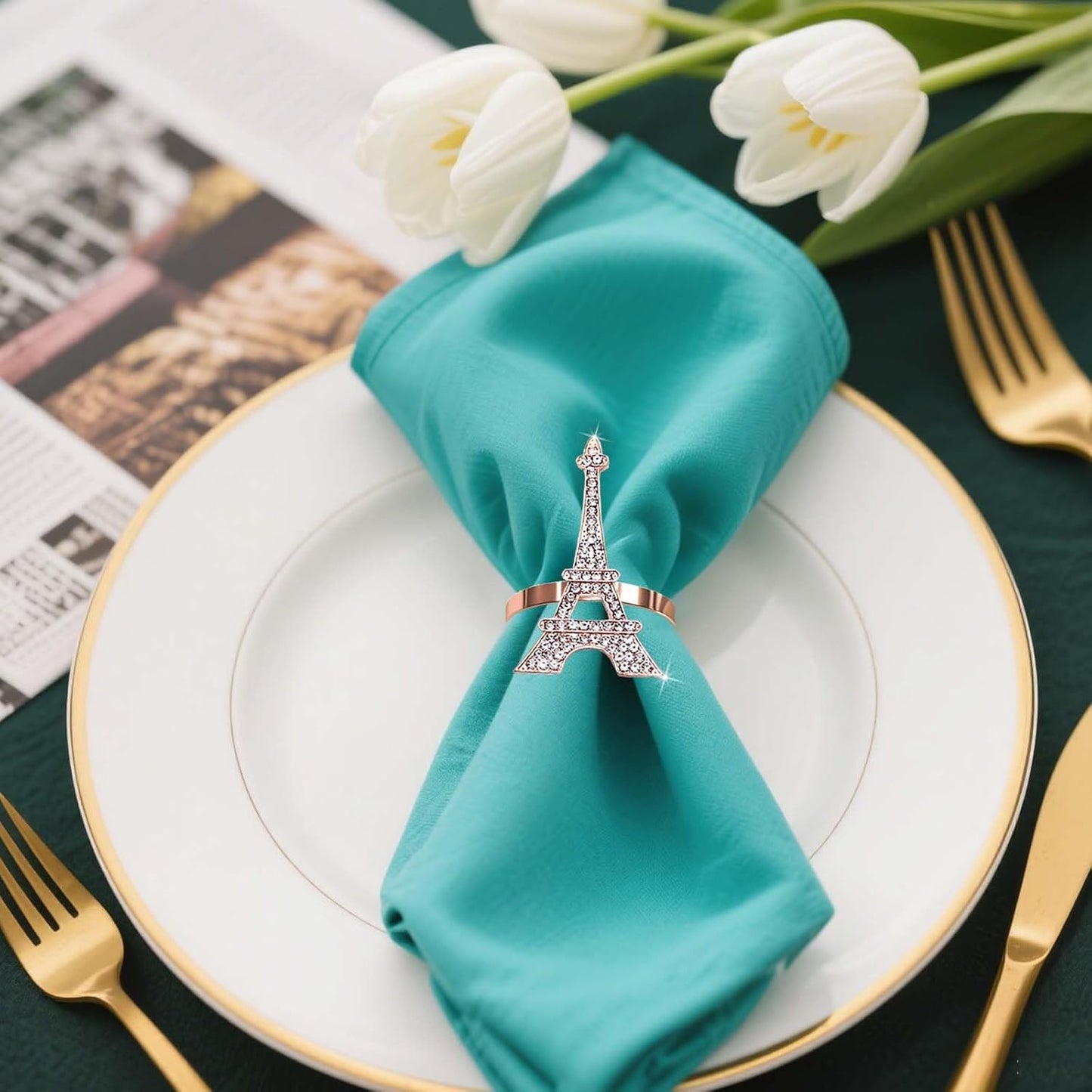Rose Gold Eiffel Tower Napkin Rings Set of 6 Western Paris Napkin Rings for Valentine's Day Wedding Brithday Dining Decor,French Napkin Ring Holders for Holiday Family Party Table Setting