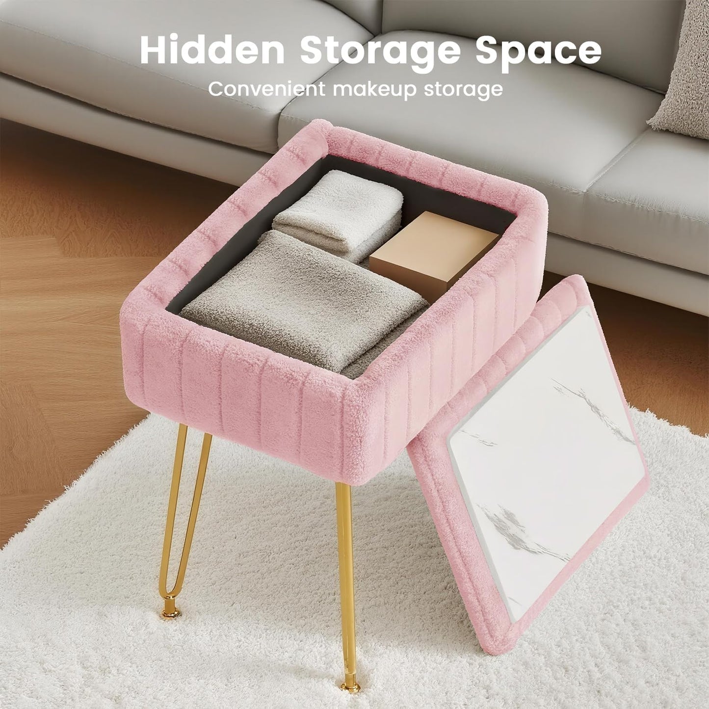 FUXA Vanity Stool with Storage, Pink Vanity Chair 4 Metal Legs with Anti-Slip Feet, Faux Fur Soft Padded Seat, Cute Small Footstool Ottoman, Modern Multifunctional Chairs for Makeup Bedroom