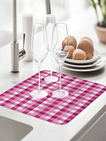 Pink White Check Dish Drying Mat 18x24 inch Modern Pink Theme Simple Super Absorbent Microfiber Dish Drying Pad for Kitchen Countertops Sink Dish Drainer Racks Coffee Bar Mats 2 Pack