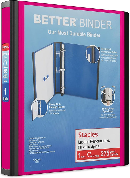 Staples Better View 1-Inch D-Ring Binder, Pink – Durable 3-Ring Binder with Clear Overlay for School & Office