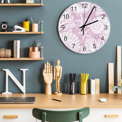 Ocean Wall Clock Battery Operated Non-Ticking 12" Round Wood Clocks, Coral Shell Starfish Coastal Marine Pink Kitchen Wall Clock for School Bathroom Living Room Home Office Wall Decor