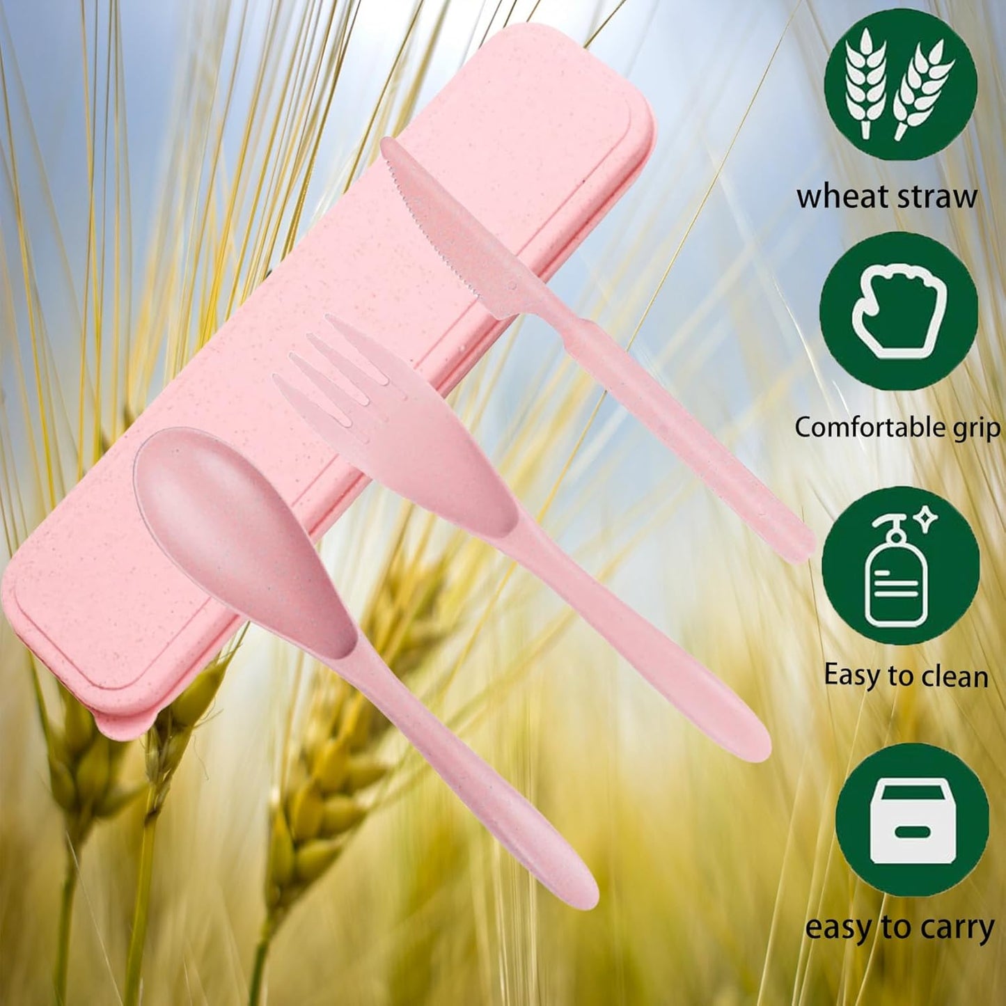 2Pack Pink Wheat Straw Travel Utensil Set, Reusable Fork Spoon Knife with Case, BPA-Free Portable Cutlery for Camping, Picnic & Office