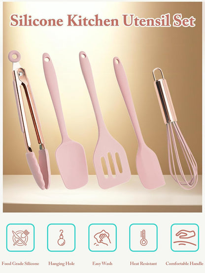 Kitchen Utensil Set,5 Pcs Mini Silicone Cooking Utensils Sets,Heat Resistant Non Stick Kitchens Gadgets BPA-Free Spatula Set,Kitchen Set for Cooking(Pink)