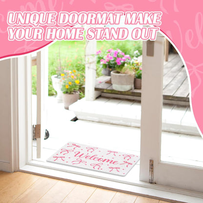 Mindsoft Pink Bow Doormat - 18x30 Non Slip Coquette Welcome Mat, Cute Pink Ribbon Door Mat for Apartment Entryway, Girls Bedroom Rug, Aesthetic Room Decor Gift for Her
