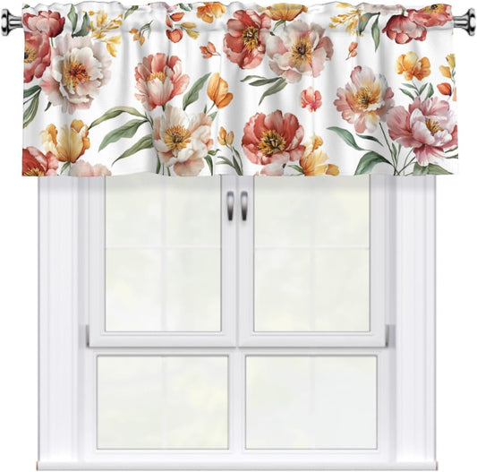 Giwawa Pink Floral Kitchen Curtain Valance Elegant Flower Window Treatment 1 Panel, 54x18 Inch Light Filtering Short Curtain for Bedroom Bathroom