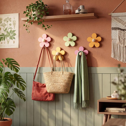 AceOrbit Pcs Daisy Wall Hooks Wood Flower Towel Hooks Cute Flower Decorative Wall Mount Hangers for Bathroom Kitchen Bedroom Home Entryway Decor(5,Yellow, Pink, Purple, Light Green)