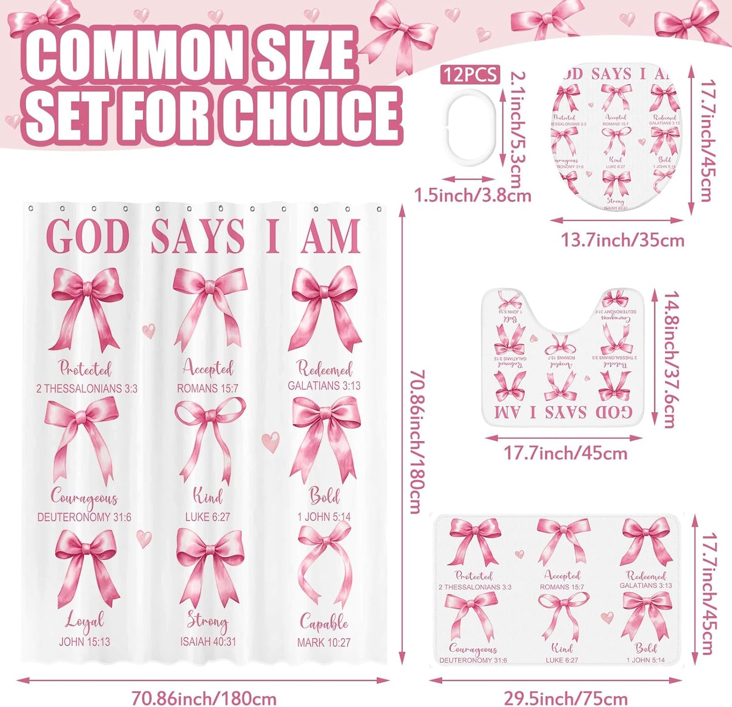4 Pcs Pink Bow Bible Verse Shower Curtain Set 4 Pcs Coquette Bow Aesthetic Bathroom Decor Set with Rugs Pink Christian Inspirational Quotes Bathroom Curtain with 12 Hooks for Women