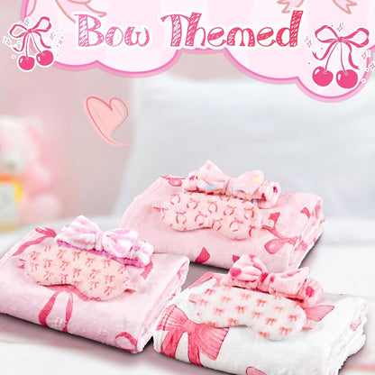 Fanfanwin 18 Pcs Sleepover Party Supplies for Girls, 6 Style Cute Pink Bow Blanket 6 Coral Fleece Spa Headband 6 Eye Mask Cover Galentines Day Decoration for Slumber Sleepover Spa Party Gift(Cute)