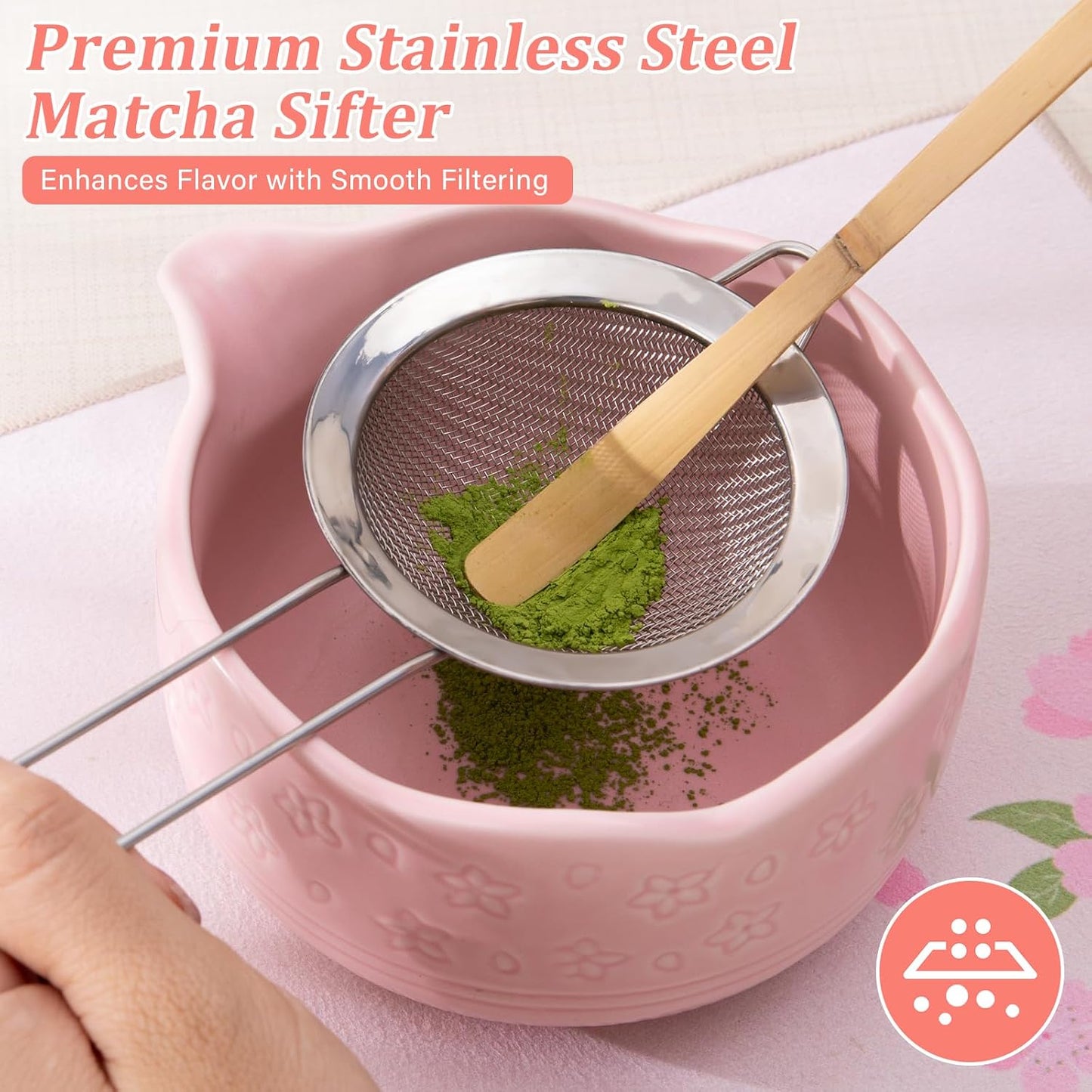ALBISS Matcha Whisk Gift Set - 7Pcs Ceramic Matcha Kit with 18oz Bowl & Cherry Blossom Design, Bamboo Whisk & Holder, Scoop, Rest, Sifter, Towel, Elegant Japanese Tea Set for Women Macha Lovers, Pink
