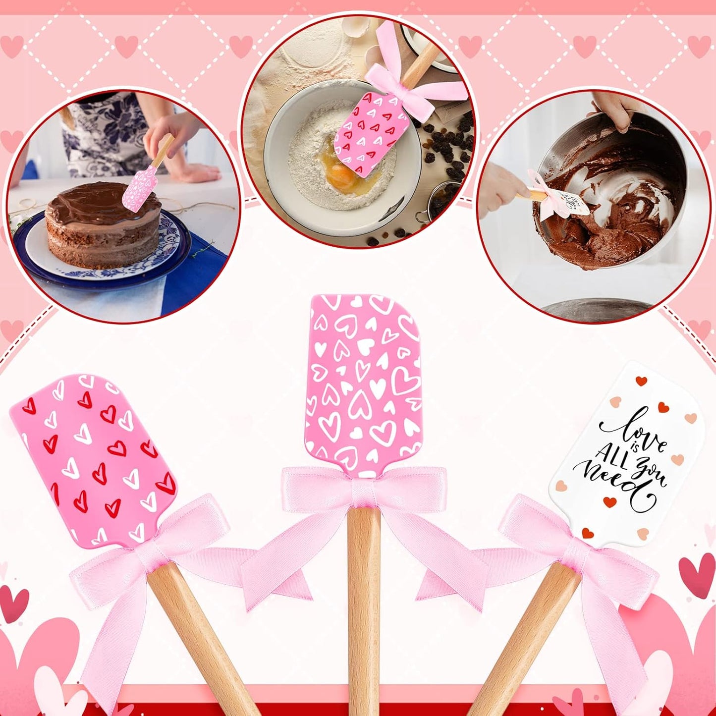 3 Pcs Valentine Silicone Spatulas with Wooden Handles Valentine Pattern Heat Resistant Baking Silicone Spatulas with Pink Satin Ribbon Bows for Baking, Cooking and Sauteing