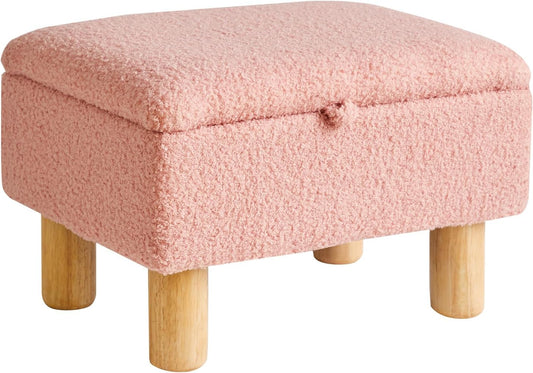 Aibiju Teddy Velvet Small Ottoman Foot Rest, Foot Stools with Storage Small, Upholstered Rectangle Wood Ottoman with Safety Hinge Flip Top, Bed Stool for Bedroom Dorm Teddy Pink YD-JD136P