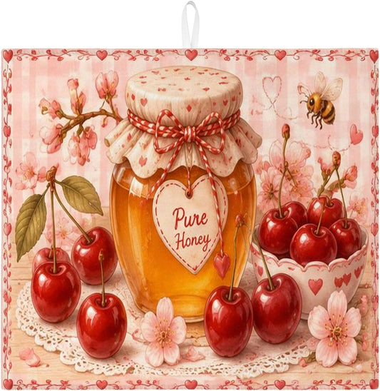 Cherries Blossom Dish Drying Mats for Kitchen Counter, Peach Floral Absorbent Dish Drainer Rack Mat, Spring Vintage Microfiber Drying Pad for Kitchen Counter Home Decor 16x18 Inch