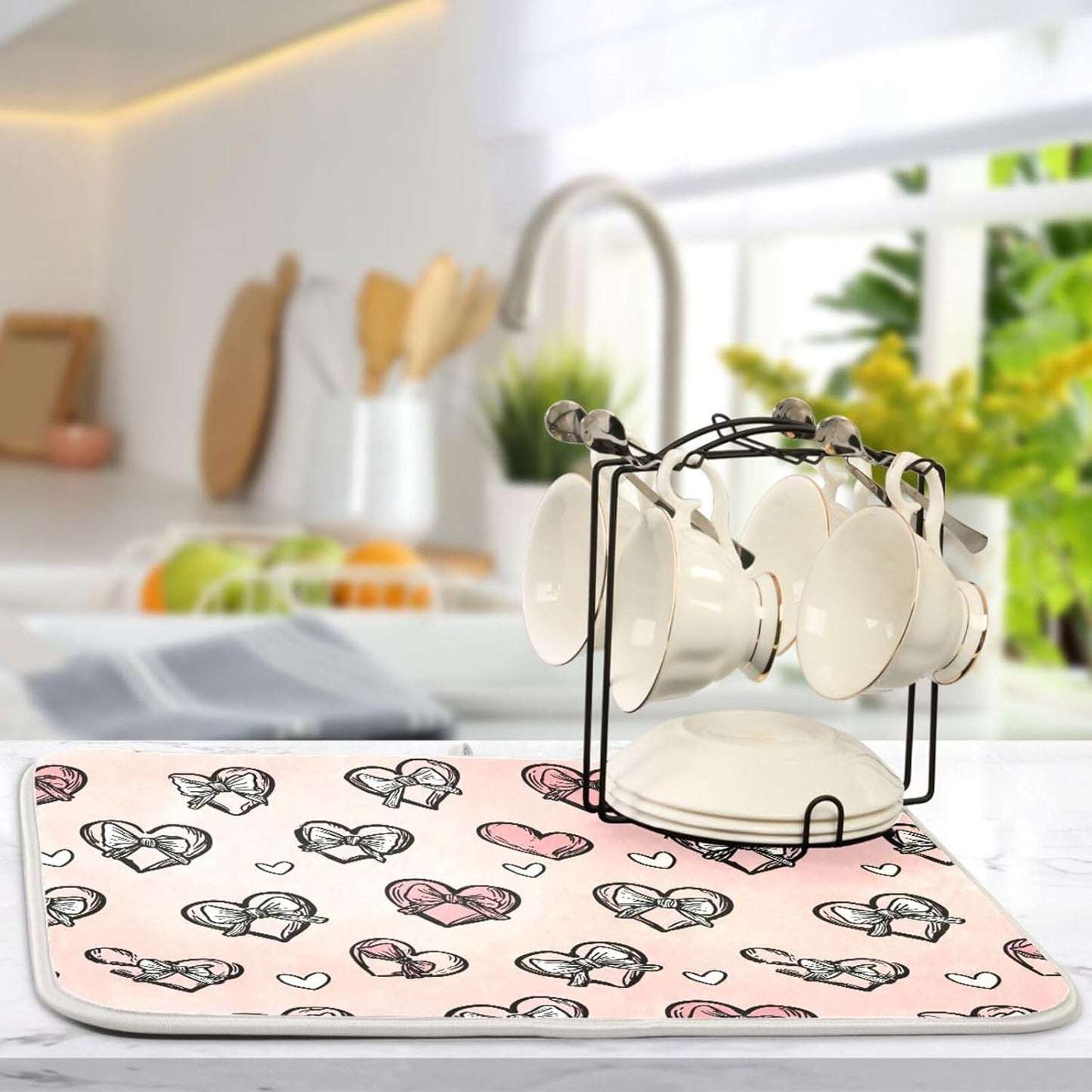 Dish Drying Mat for Kitchen Counter Light Pink Heart Bows Valentine Day Absorbent Drying Dish Mat 16×18 inch Dish Rack Pad Coffee Mat for Sink Dishes Under Rack