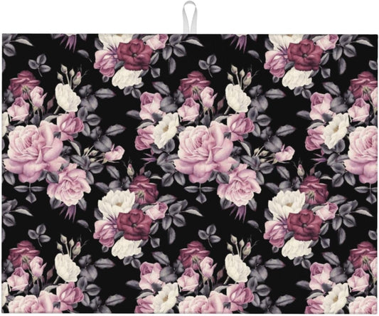Vintage Floral Dish Drying Mat Watercolor Pink Rose Peony Flower Blossom Black Drying Rack Pad Countertop Dishes Ultra Absorbent Microfiber Kitchen Counter Mat 18x24 Inch