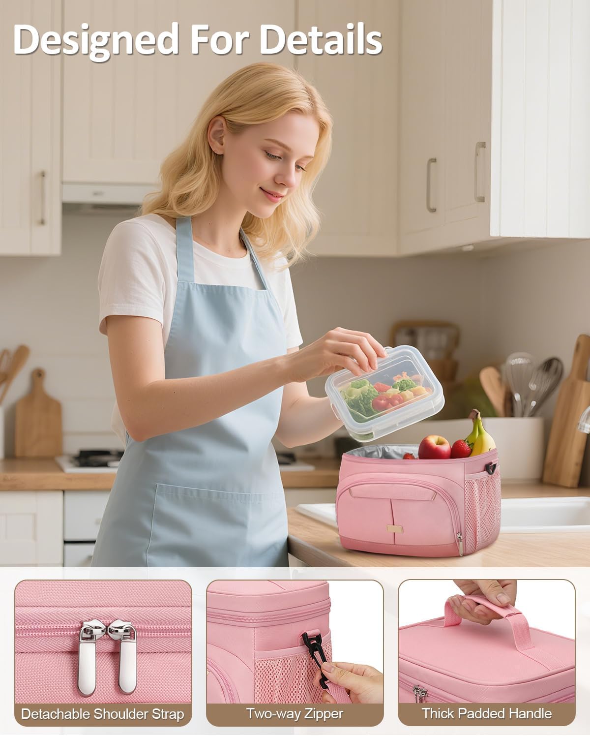 Pritent Lunch Box for Man Women, Insulated Lunch Bag Cooler Bag Leakproof Lunchbox Lunch Tote Bags with Removable Strap for Work School Picnic Travel (Pink/12L