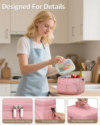 Pritent Lunch Box for Man Women, Insulated Lunch Bag Cooler Bag Leakproof Lunchbox Lunch Tote Bags with Removable Strap for Work School Picnic Travel (Pink/12L