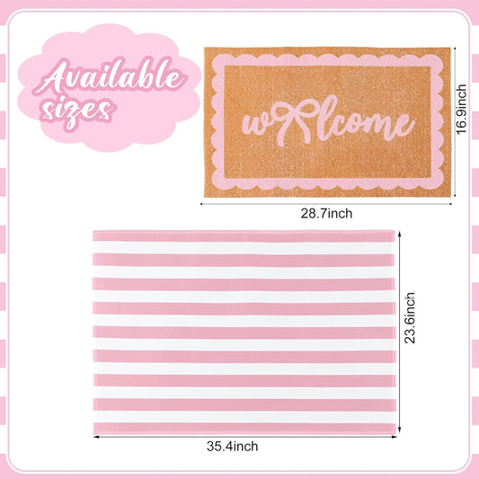 Tinideya 2 Pcs Pink Bow Welcome Doormat Layered Pink and White Striped Door Mat 23x35 Inch Coquette Non Slip Nature Coir Doormat for Front Door Porch Coquette Wedding Entryway Decor