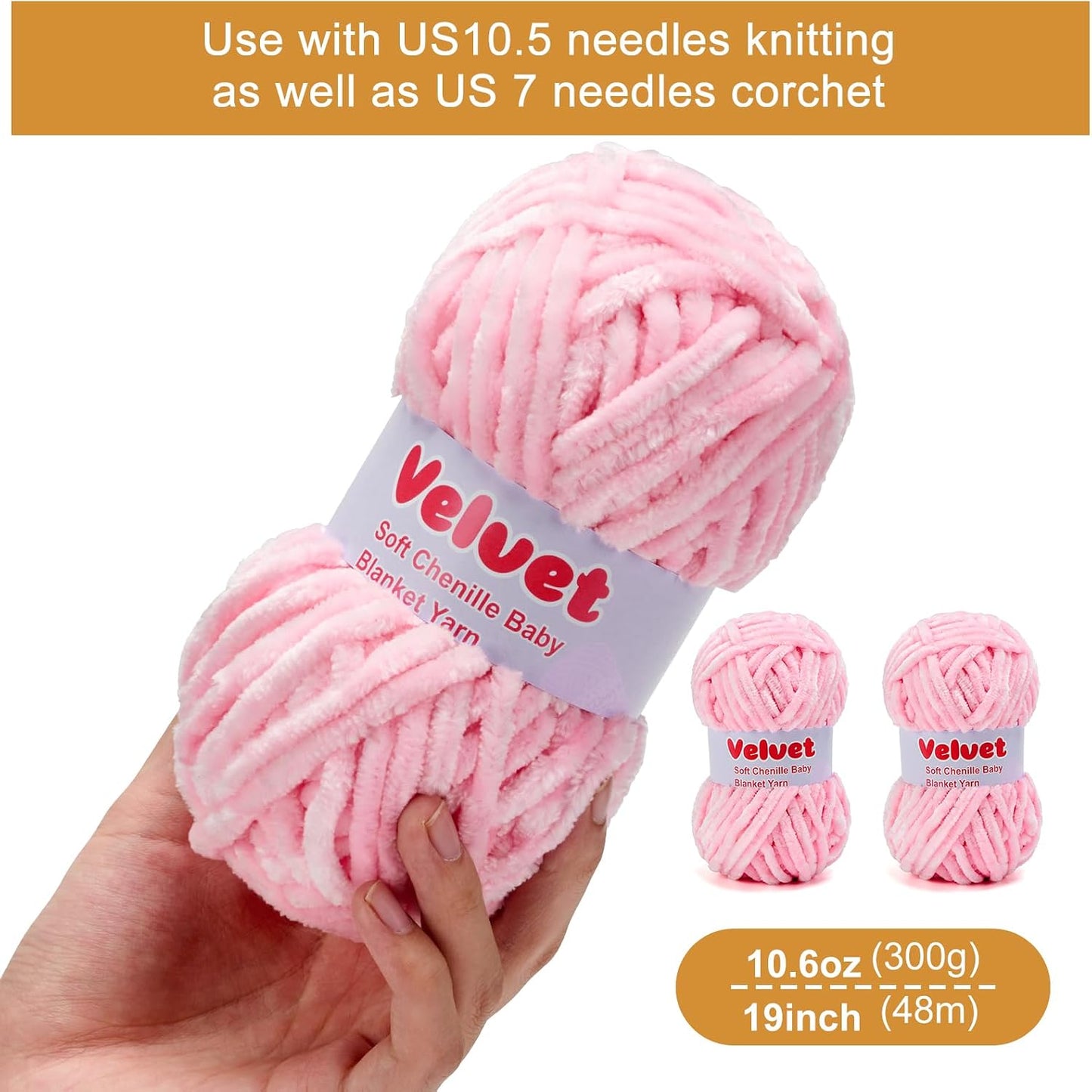 Soft Velvet Chenille Yarn for Crocheting & Knitting - Bulky Yarn for DIY Weaving Crafts 3 Skeins Pink (3.5oz 66yds/Skein)