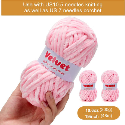 Soft Velvet Chenille Yarn for Crocheting & Knitting - Bulky Yarn for DIY Weaving Crafts 3 Skeins Pink (3.5oz 66yds/Skein)