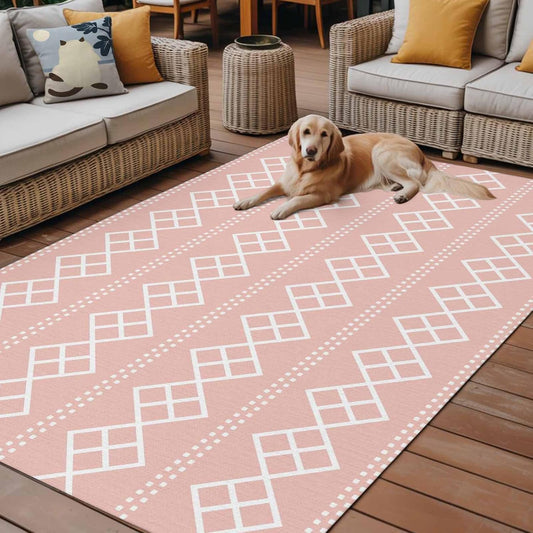 Peach Pink Checkered Outdoor Rug 5x7 Ft Patio Rug Abstract White Geometric Argyle Stripe Washable Area Rugs Absorbent Outdoor Carpet Floor Mat for Patio Front Porch Deck Backyard Balcony Decor