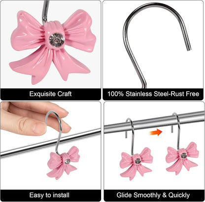 12 Pcs Bow Shower Curtain Hooks, Bow Design Resin Rustproof Bathroom Curtain Hook Decoration, Decorative Accessories for Shower Rings in Girls' Bathrooms (Pink)