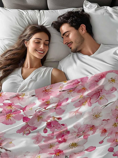 Spring Peach Flowers Full Size Flat Sheet Only, Hotel Luxury Microfiber Bed Top Sheets, Pink Botanical Floral Leaves Branch Soft Breathable Bedding Sheet for Bedroom, Easy Care - 81" x 96"