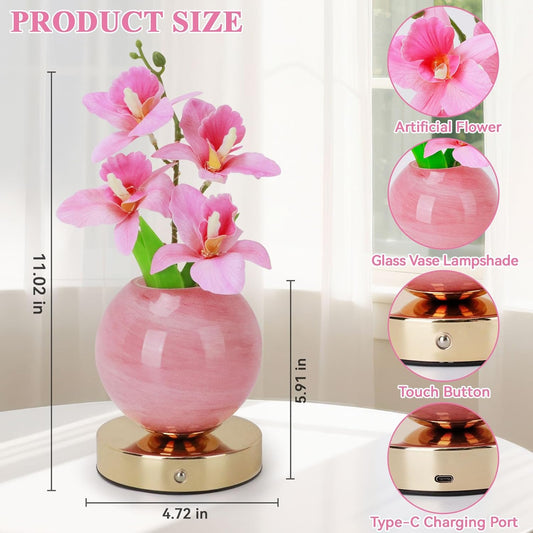 Flower Table Lamp, 3 Colors Orchid Night Light, Cordless Touch Dimming Artificial Flower with Vase Lamp, LED Bedside Night Light Romantic Gifts for Girl Women Mom (Pink Orchid)